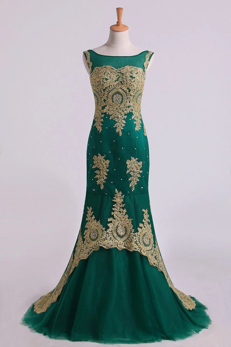 Mermaid Party Dresses Scoop Sweep/Brush Tulle With Gold Applique